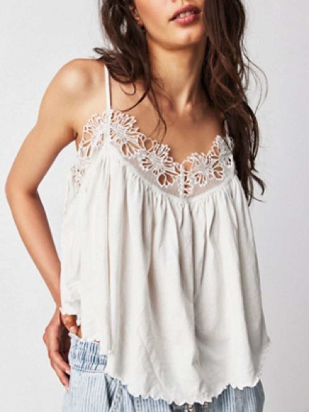 Free People Kayla Tank Top XS Ivory Lace Trim Crochet Cami Boho Spring Summer